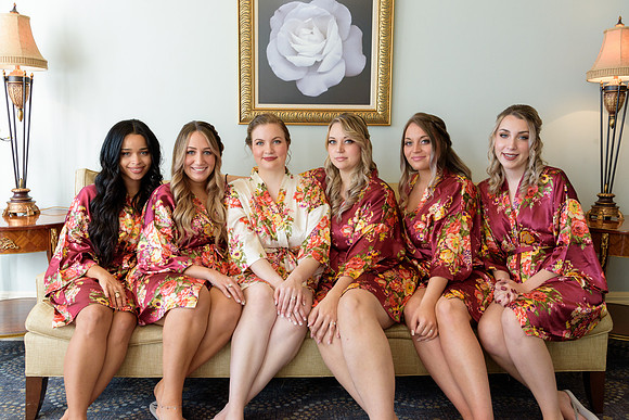 Bridesmaids in robes getting ready photos at The Waterview in Monroe Connecticut