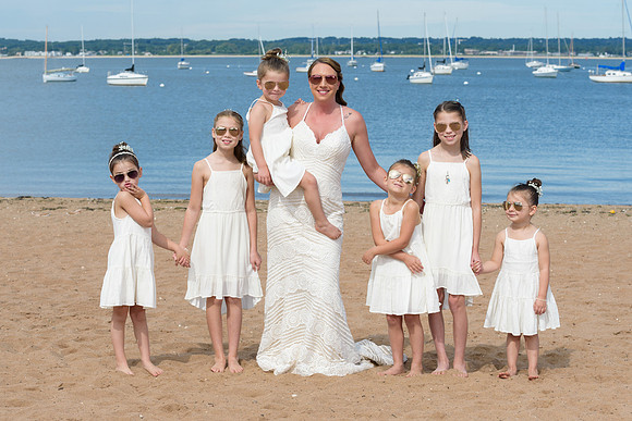 Bride and her children bridesmaids and flower girls at Anthony's Ocean View in New Haven Connecticut