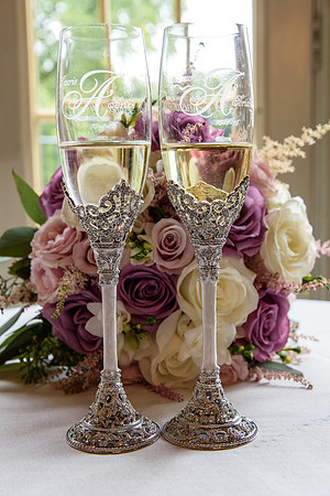 Monogrammed Goblets with wedding bouquet