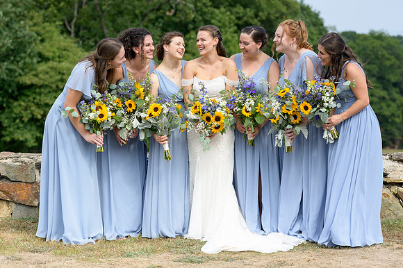Summer wedding bridesmaids with sunflowers-Birchwoods at Oak Lane, Woodbridge, Connecticut