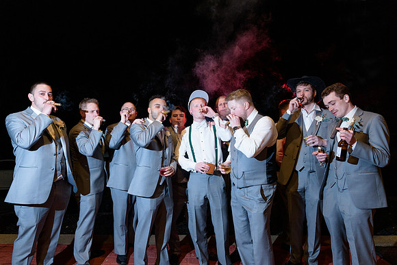 Groomsmen smoking cigars, Crystal Room, Naugatuck