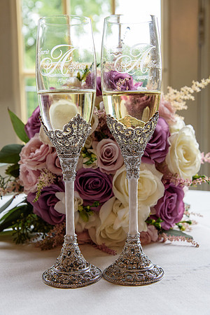 Monogrammed Goblets with wedding bouquet