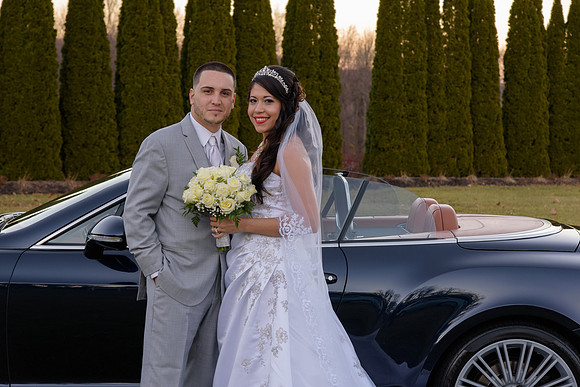 Bride and groom portraits with Bentley at Grand Oak Villa in Oakville CT