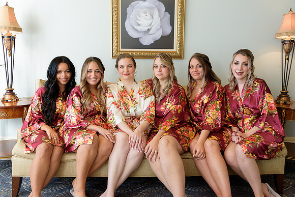 Bridesmaids in robes getting ready photos at The Waterview in Monroe Connecticut
