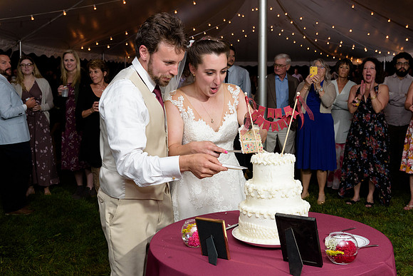 Connecticut rustic farm and barn wedding cake cutting, Thorncrest Farm, Goshen Wedding