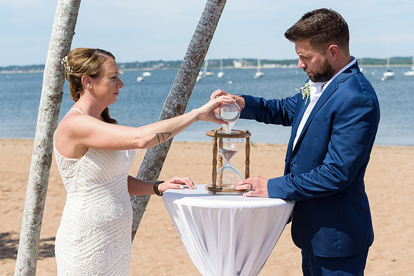 Sand Ceremony with bride and groom at Anthony's Ocean View Wedding New Haven, Connecticut
